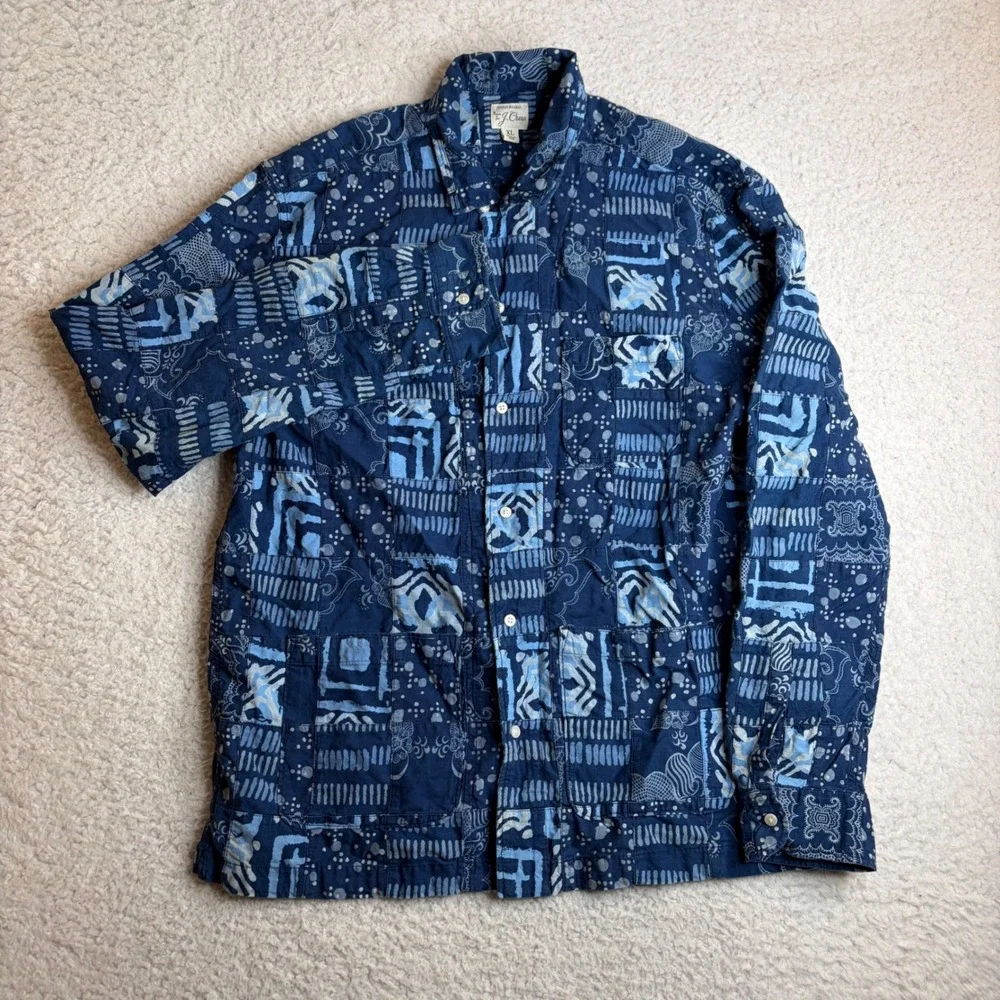 J. Crew Indian Madras Patchwork Indigo Blue Block Print Shirt XL BH694 SU22